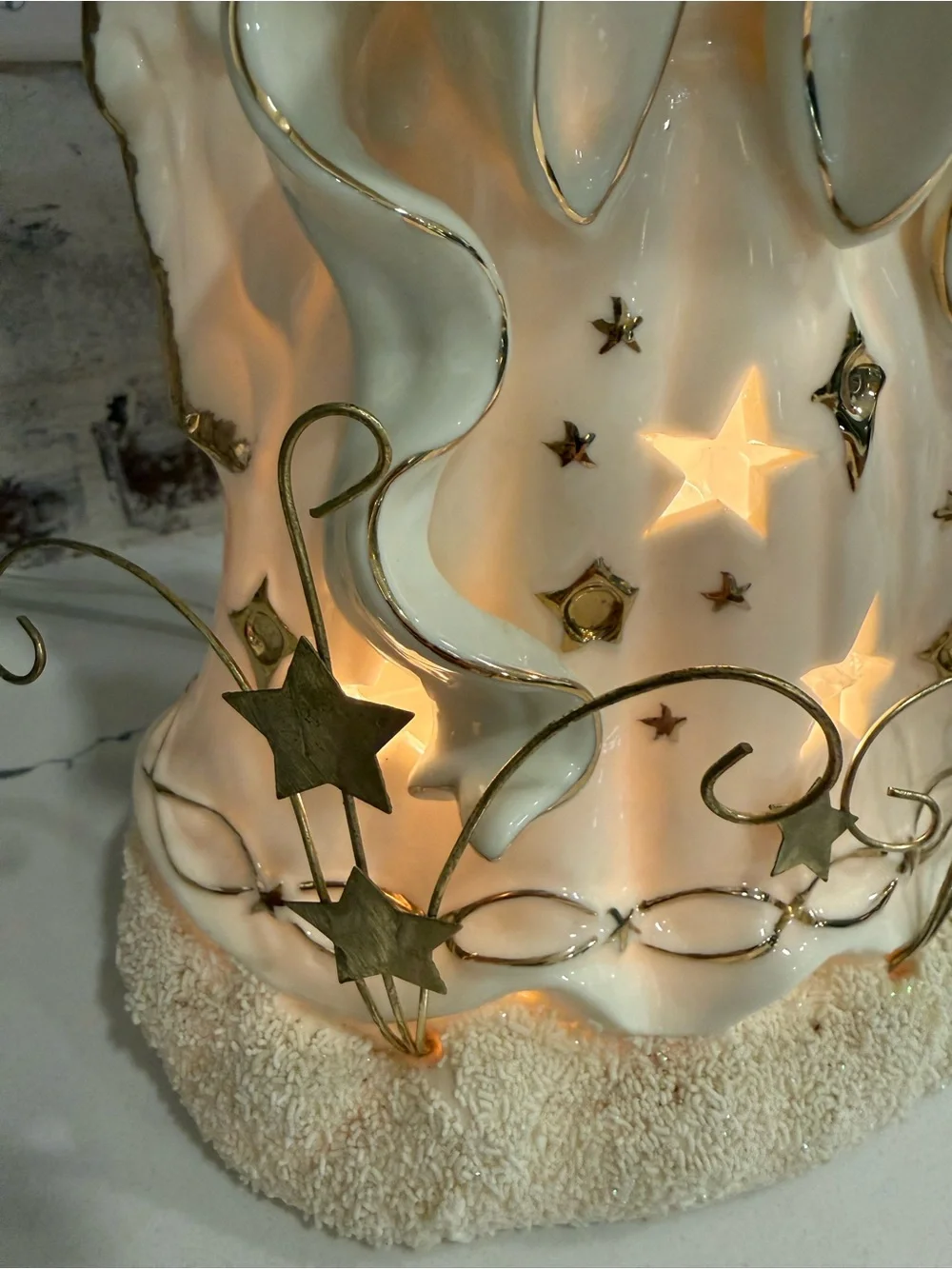 Vintage Porcelain Angel with Gold Star Accents - White and Gold